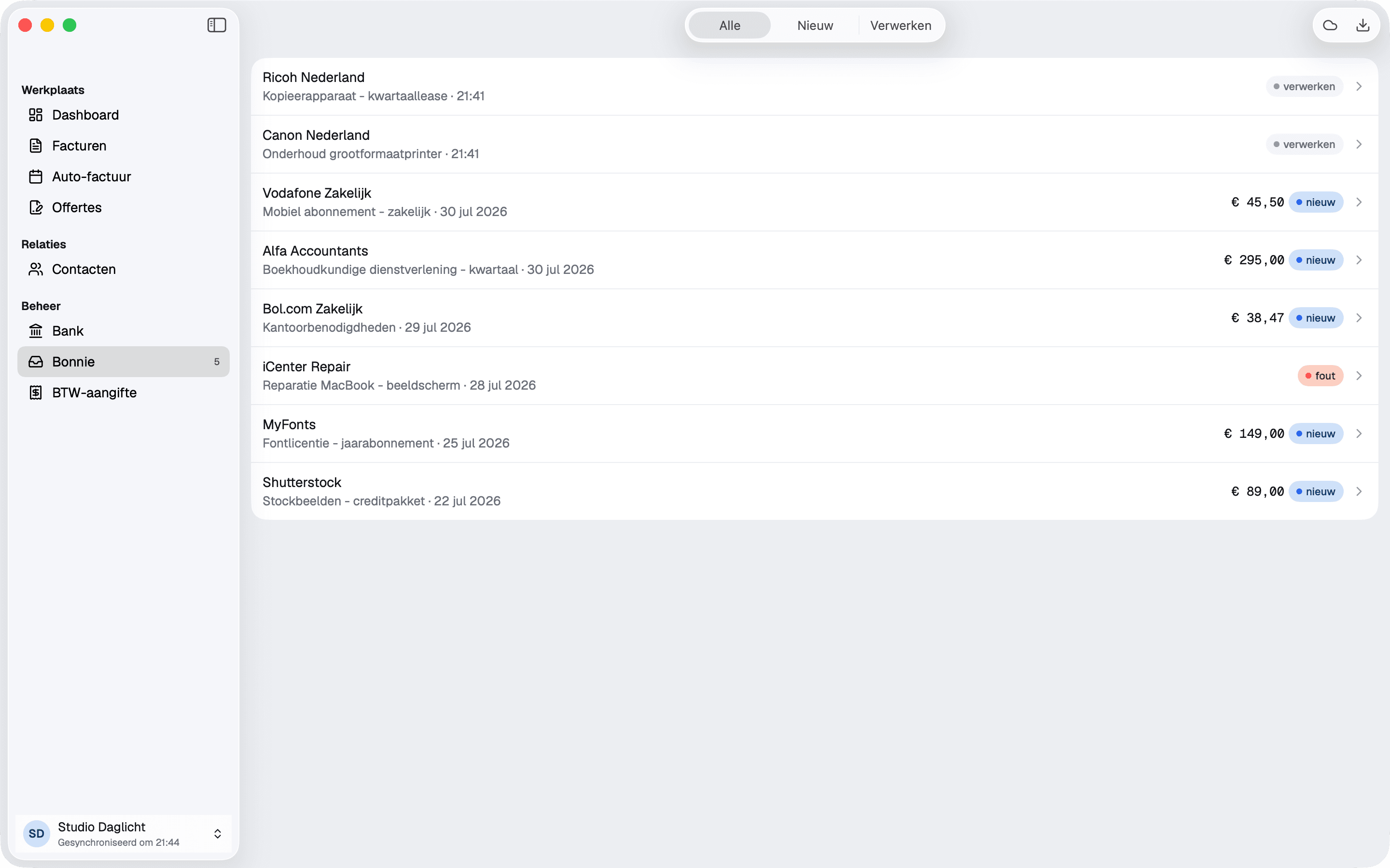 De Bonnie-inbox in de Mac-app met binnengekomen bonnen en hun bedragen.
