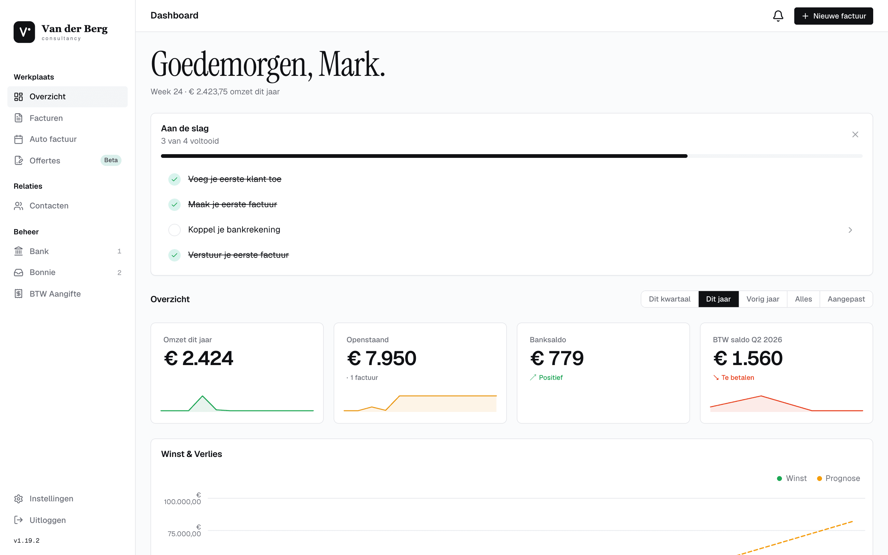 Dashboard met omzet, openstaand bedrag, banksaldo en btw-saldo bovenaan, met daaronder grafieken.