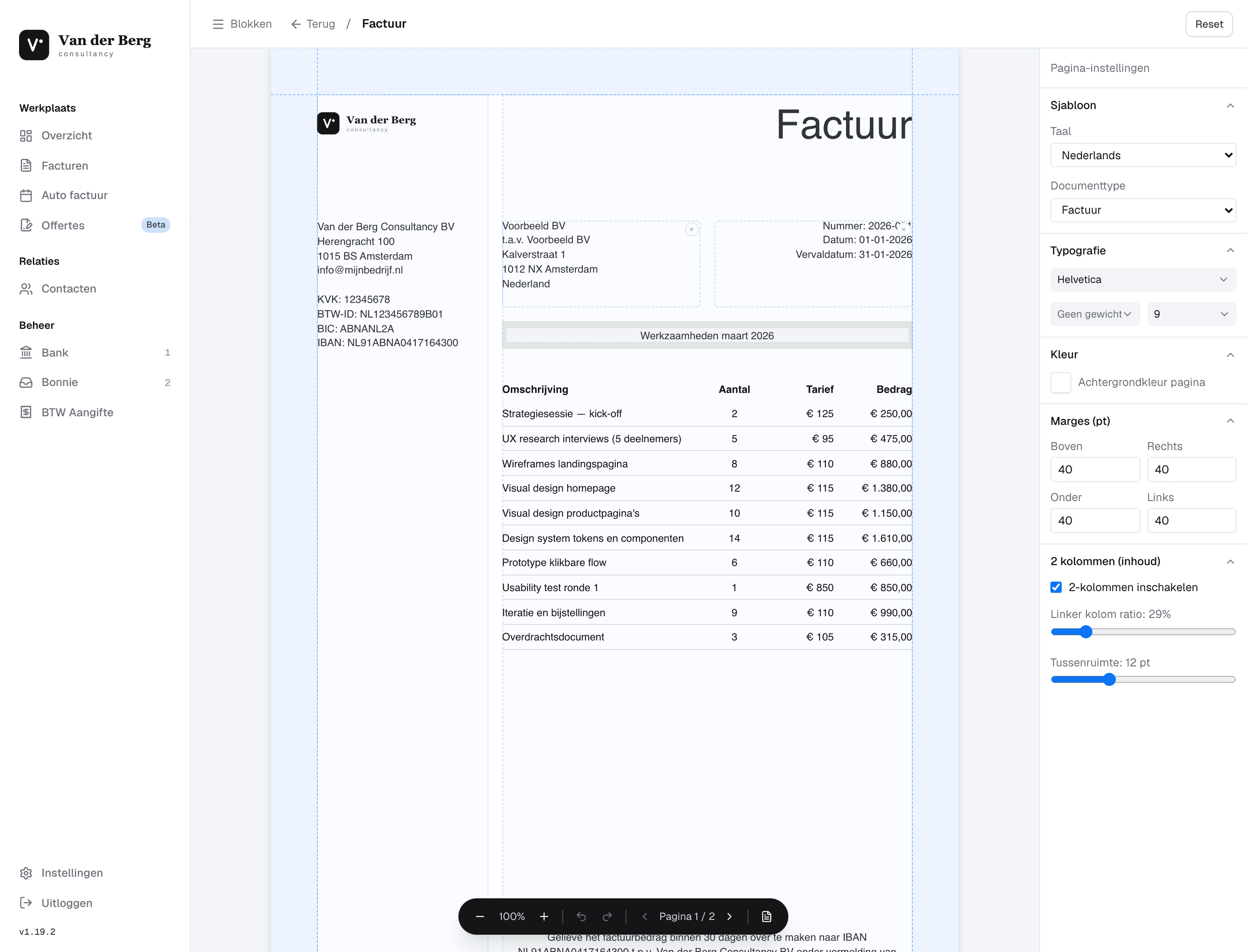 De factuur-template-editor van Factabel: de canvas met logo, klantblok en een regeltabel met bedragen, en rechts het eigenschappen-paneel met sjabloon, taal, documenttype, typografie, kleur, marges en de 2-kolommen-instelling