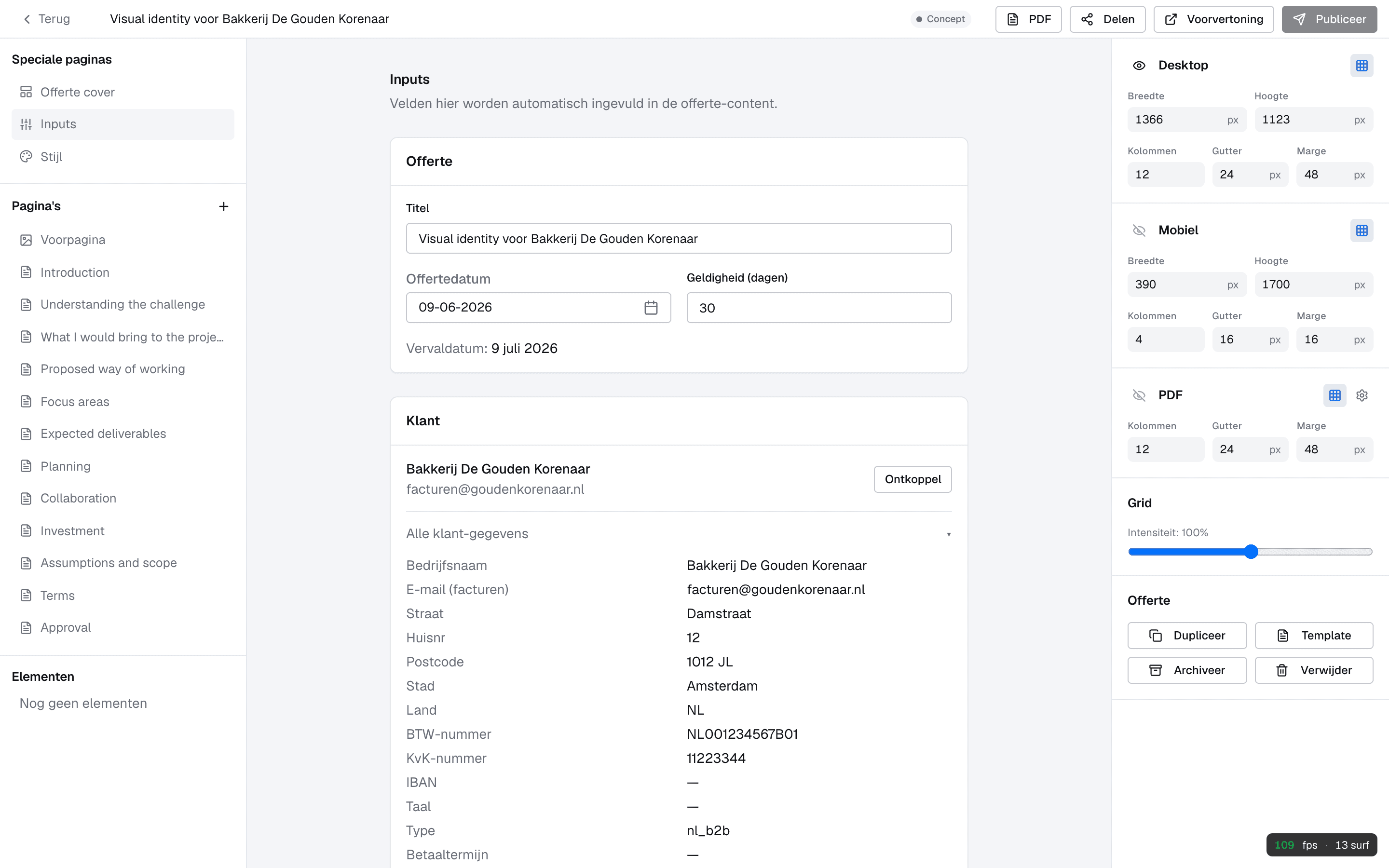 De Inputs-pagina met de offerte-gegevens, de klantkaart met alle klant-gegevens, en een variabelen-kaart met een knop Nieuwe variabele