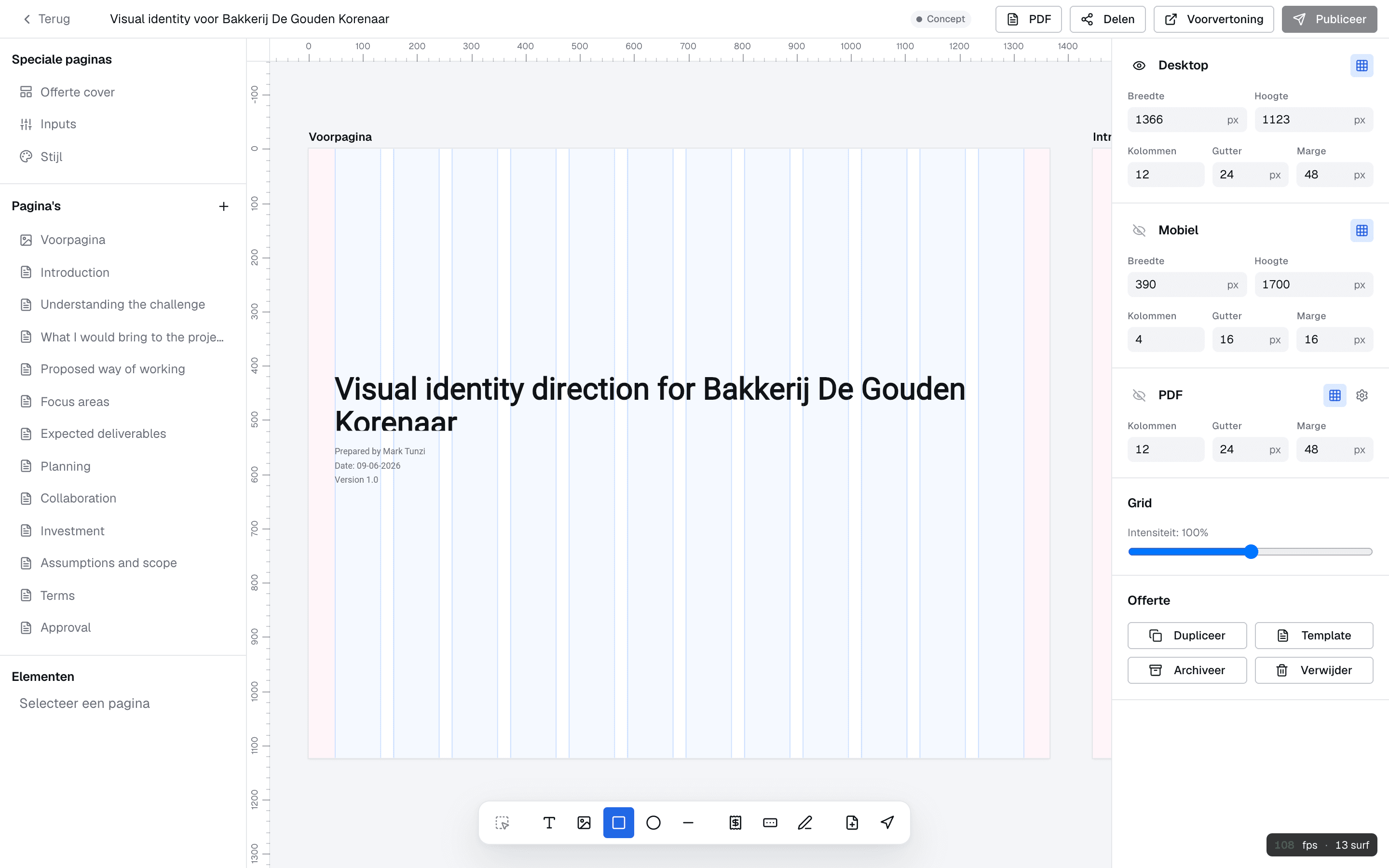 De zwevende blok-toolbar onderaan het canvas met de rechthoek-tool actief in het blauw, naast tekst, afbeelding, cirkel, lijn, prijstabel, formulier-veld, handtekening, pagina toevoegen en navigatie