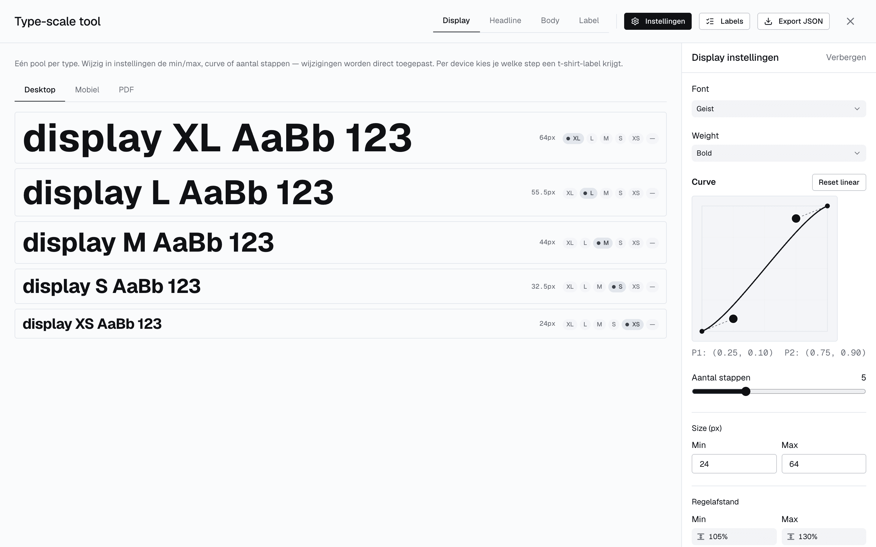 De type-scale tool met tabs Display, Headline, Body en Label, een curve-editor met controlepunten, instellingen voor font, gewicht, aantal stappen, min- en max-grootte en regelafstand, en een knop Export JSON